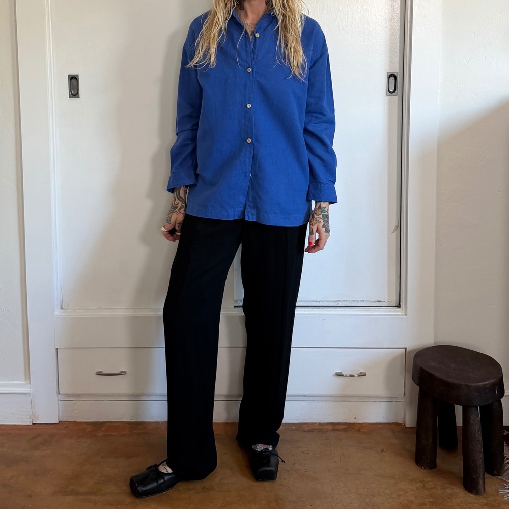 Vintage Harve Bernard Petite Small Cobalt Blue Linen Cotton Button Down Shirt